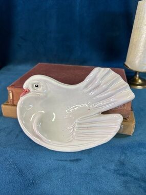 Vintage White Glazed Terra-Cotta Dove Trinket Soap Dish Made In Italy